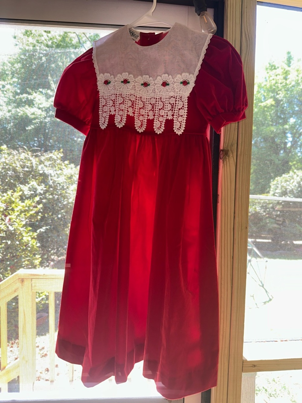 Debut vintage size 7  Red Velvet Puff Sleeve Dress with Lace Bib